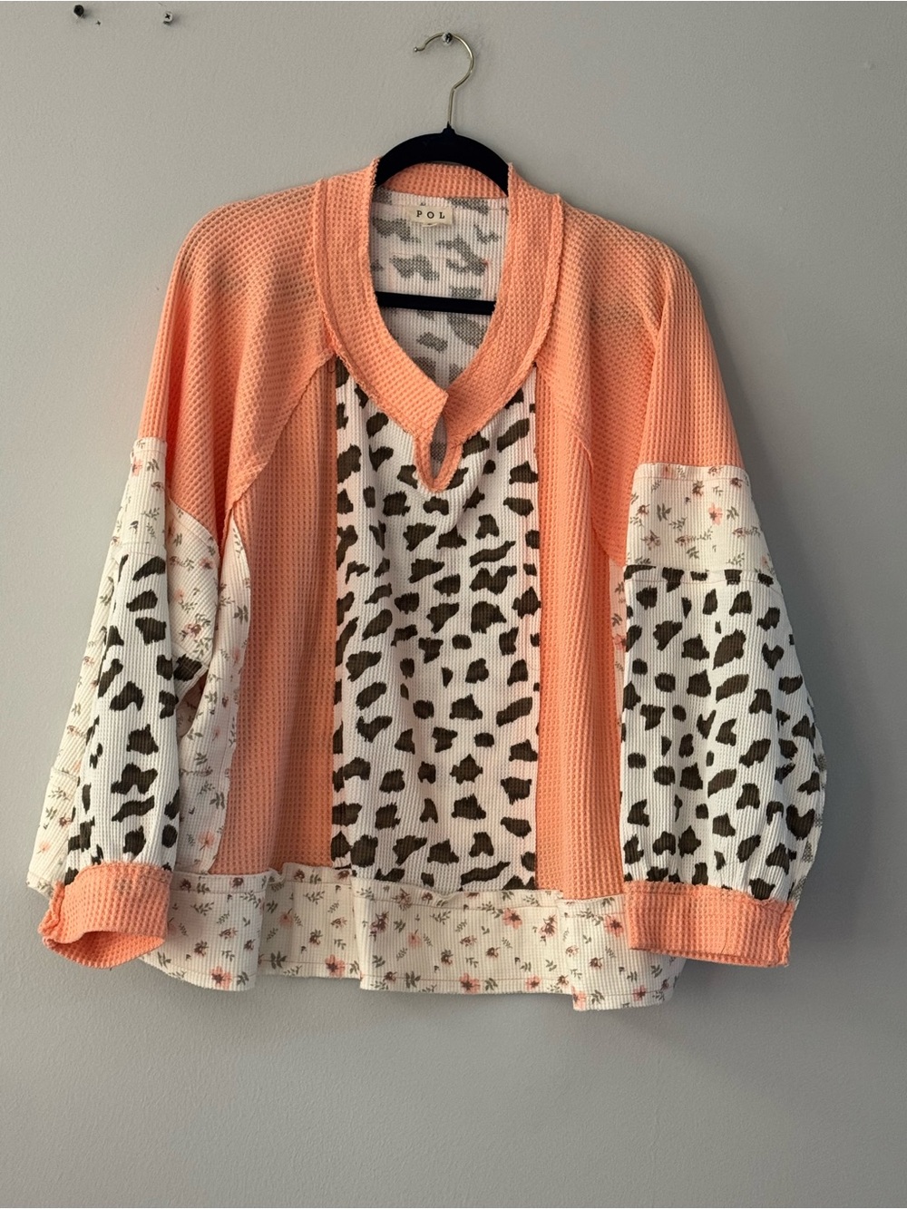 POL Peach & Cream Patchwork Waffle Knit Pullover